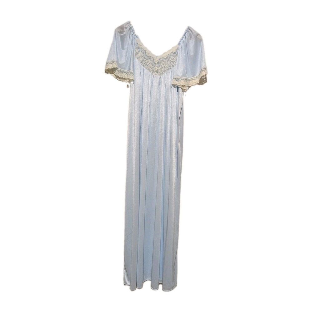 Vintage Val Mode Baby Blue Nylon & Lace Long Nightgown M